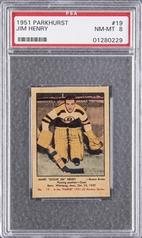 1951/52 Parkhurst #19 Jim Henry Rookie Card - PSA NM-MT 8